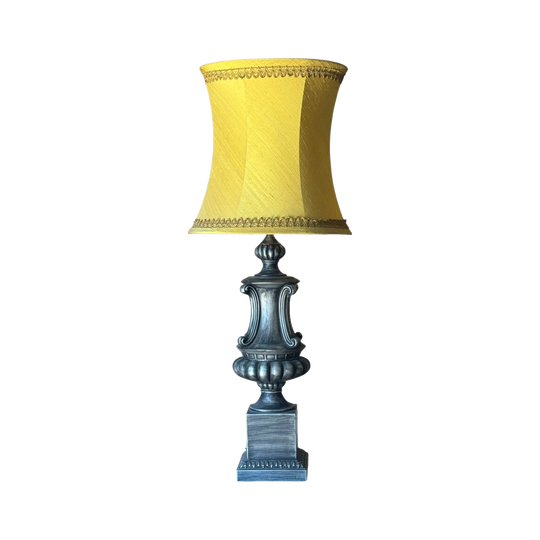 Tall Vintage Lamp with Cast Urn Base on Square Plinth, Brushed Aged Silver, Flared Yellow Silk Shade