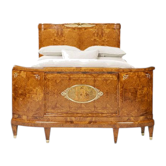 Early 20th Century French Art Deco Queen Bed with Amboyna Headboard, Ormolu Eagle Mount and Mother‑of‑Pearl Inlay