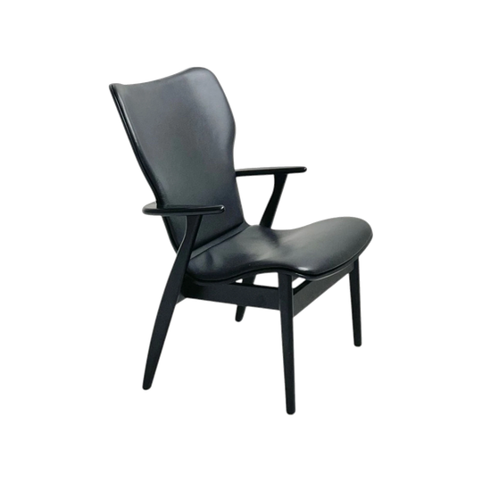 Ilmari Tapiovaara Domus Lounge Chair by Artek, 2011, Black Lacquered Birch and Leather, Finland