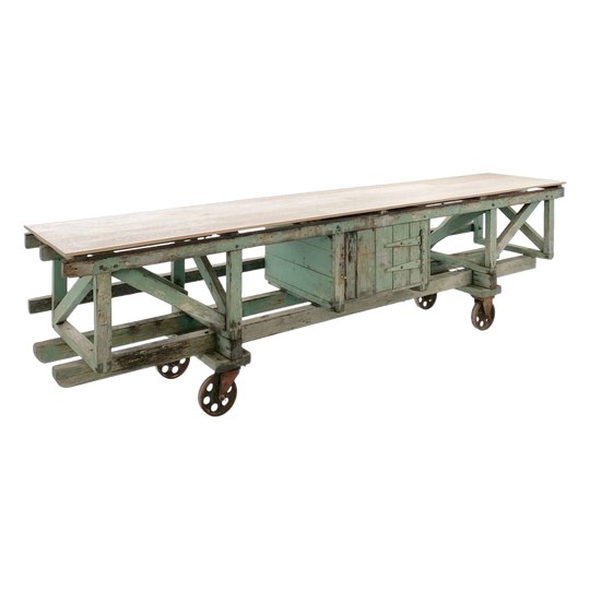 Salvaged Industrial Mobile Trolley Bench with New Oak Top, 367 cm Length
