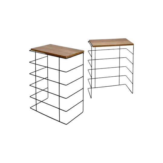 Pair of Nisse Strinning for String Design Side Tables, Steel with Oak Shelves, Sweden, c. 1950s