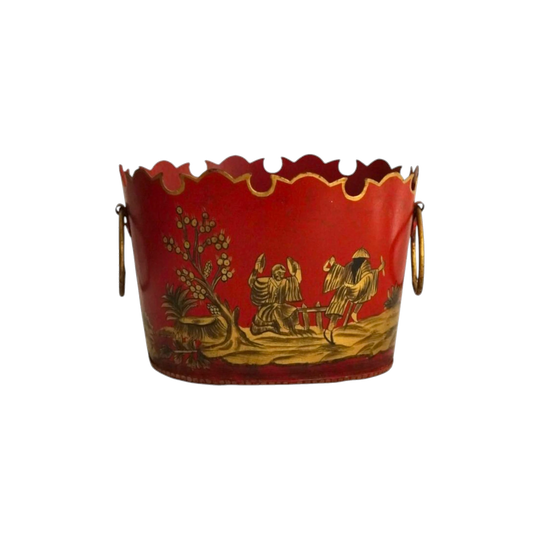 Vintage Chinese Metal Basket with Handles, Red Ground with Artwork