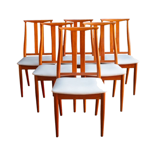 Set of Six Danish Design Furniture Dining Chairs, Slatted Backs, White Vinyl Seats, c. 1990s–2000s
