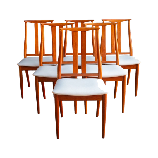 Set of Six Danish Design Furniture Dining Chairs, Slatted Backs, White Vinyl Seats, c. 1990s–2000s