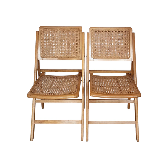 Pair of 1970s Mid-century Cane Folding Dining Chairs with Wicker Seats and Backs