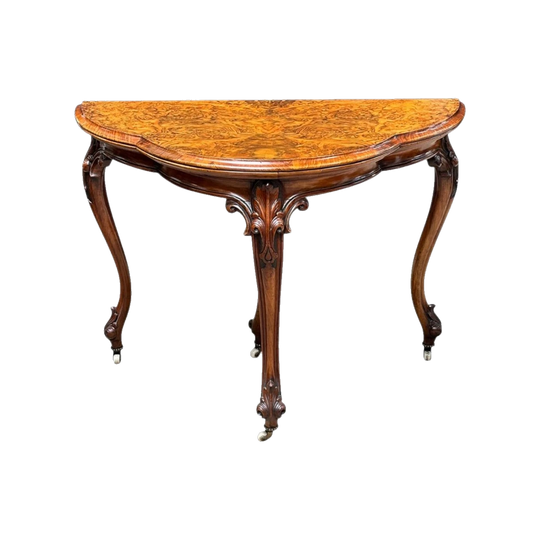 English Burr Walnut Scalloped Card Table with Green Felt, c. 1870