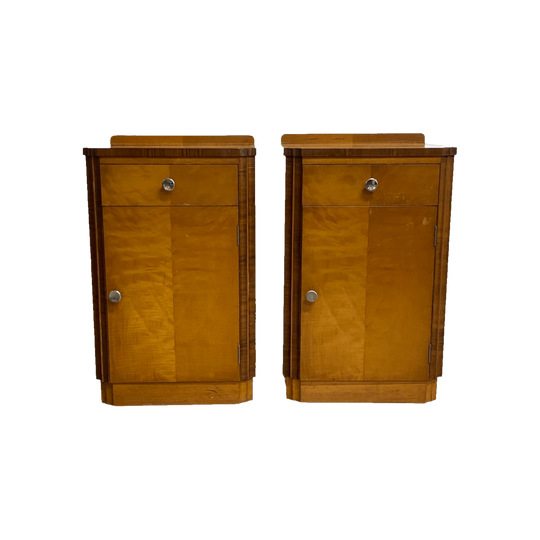 Rare Pair of Art Deco Birch and Walnut Bedside Cabinets