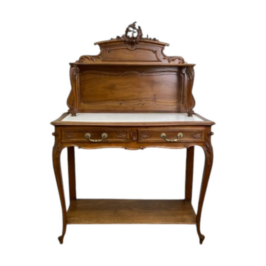 Vintage Walnut Elevated Buffet with Marble Top, Louis XV Style