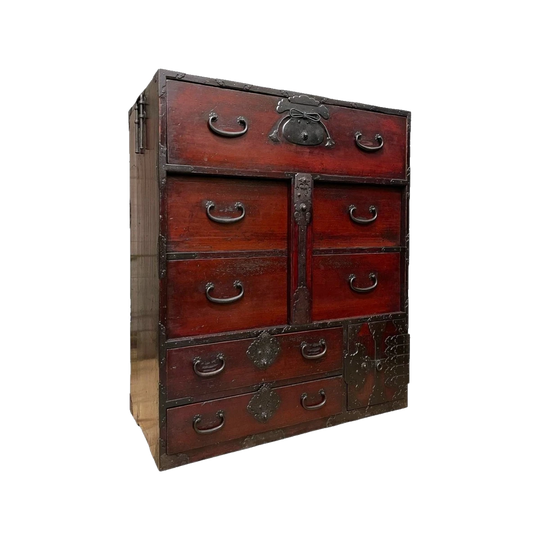 Late Edo Japanese Mikuni Bo Isho Dansu Clothing Chest, Red Lacquer, c.1850