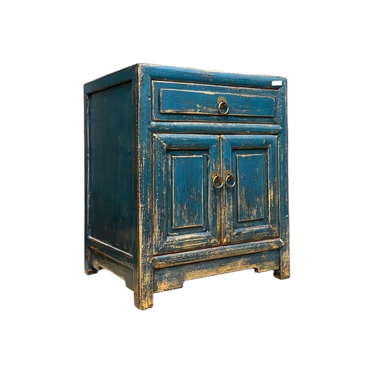 Provincial-Style Chinese Blue Lacquered Side Cabinet with Top Drawer and Painted Door