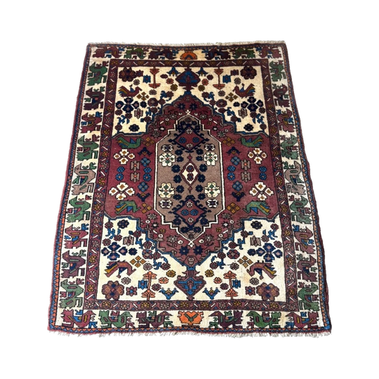 Vintage Handwoven Persian Wool Rug, Central Medallion and Geometric Border, 116 x 150 cm
