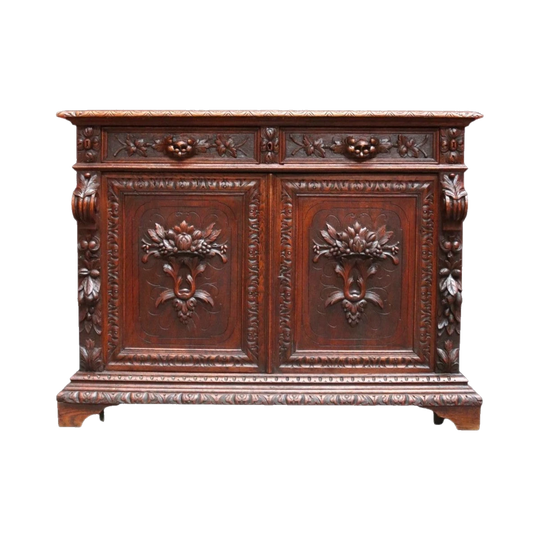Antique French Oak Sideboard with Carved Drawers and Floral Cupboard Doors, c. 1870