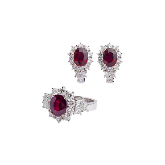 18K White Gold Ruby and Diamond Demi-Parure: Ring and Earrings