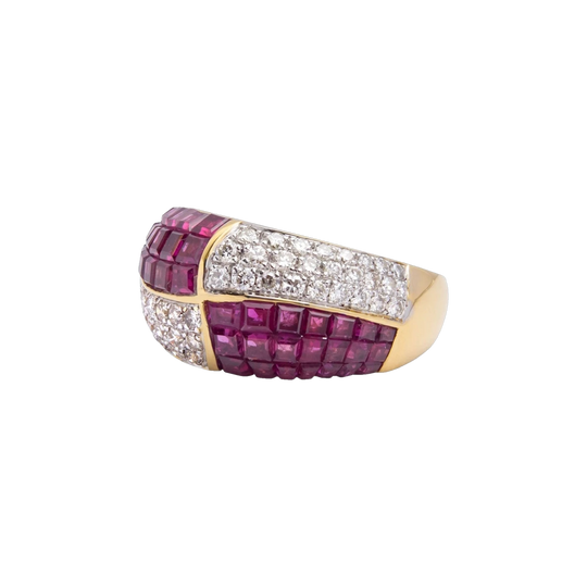 Hammerman Brothers 18ct Yellow Gold Bombe Ring with Mystery-Set Rubies and Diamonds