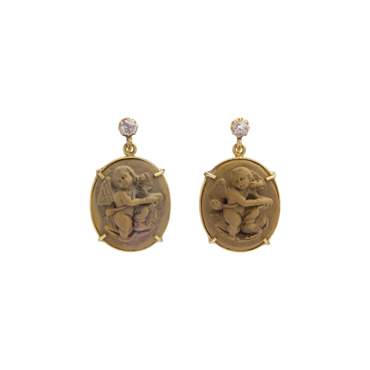 18 Karat Yellow Gold Carved Lava Cameo and Old Mine Cut Diamond Drop Earrings, Victorian Taste, Putti Motifs