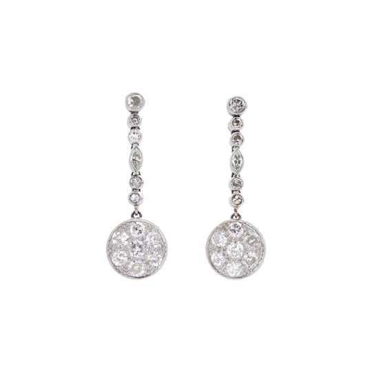 Art Deco Platinum Diamond Drop Earrings, Old European and Marquise Cuts, Screw-Back, Handmade