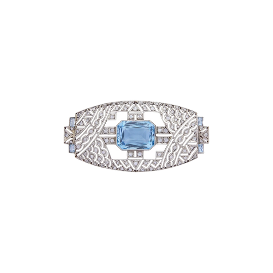 Art Deco Platinum Brooch, 8.10 ct Aquamarine & Old Cut Diamonds, 1920s