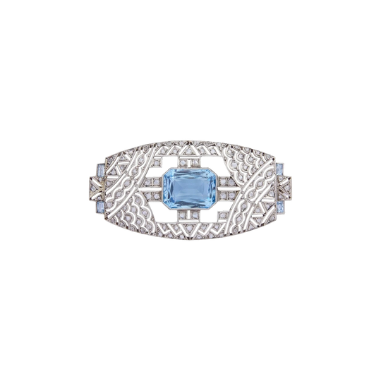 Art Deco Platinum Brooch, 8.10 ct Aquamarine & Old Cut Diamonds, 1920s