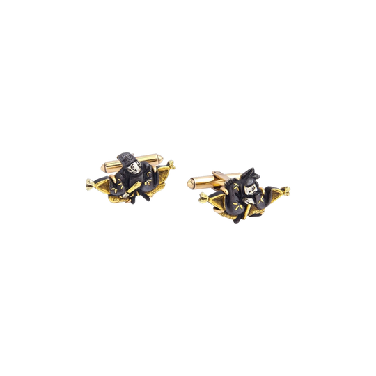Pair of Japanese Shakudo Plaque Cufflinks in 14K Yellow Gold, Late 19th/Early 20th Century Elements, Likely 1970s Conversion