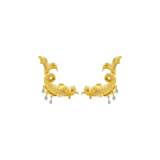 18 Karat Yellow Gold Dolphin Ear Clips with Diamonds