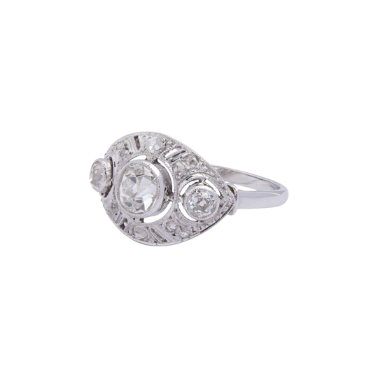 French Art Deco Platinum Ring with Old European and Rose-Cut Diamonds, 1.14 ct