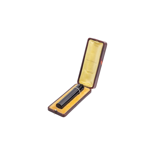 French Black Onyx Cigar‑Shaped Desk Seal with Diamond‑Set Collar and Morocco Leather Case by Appay, c.1915, Monogram ‘AMF’