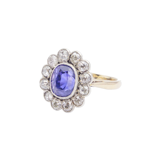 Edwardian Colour Change Sapphire and Diamond Ring in Platinum and 18ct Yellow Gold, c.1910, 1.92ct Sapphire, 1.26ct Diamonds