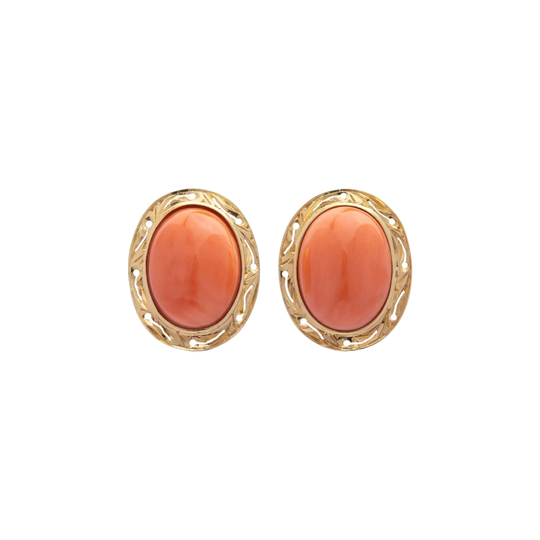 Pair of 14kt Yellow Gold Cabochon Pink Coral Earrings