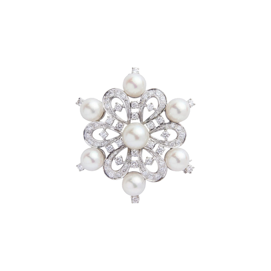 14 Karat White Gold Akoya Pearl and Diamond Floral Brooch, 2.06 Carat