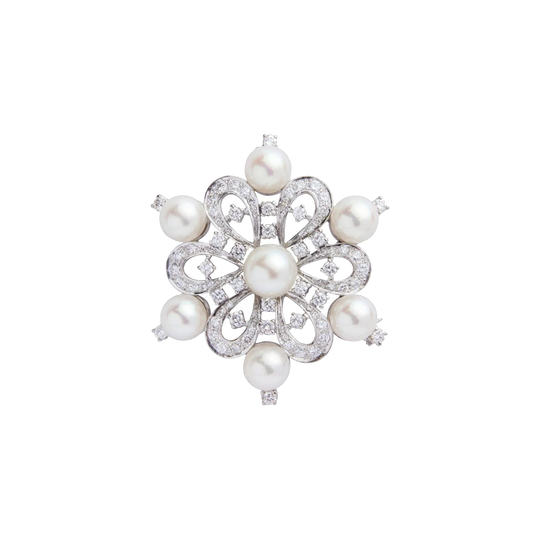 14 Karat White Gold Akoya Pearl and Diamond Floral Brooch, 2.06 Carat