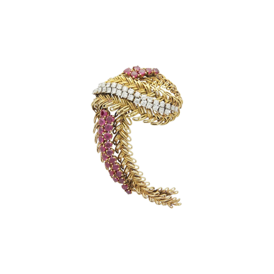 1950s Retro 18 Karat Yellow Gold Ruby and Diamond Spray Brooch