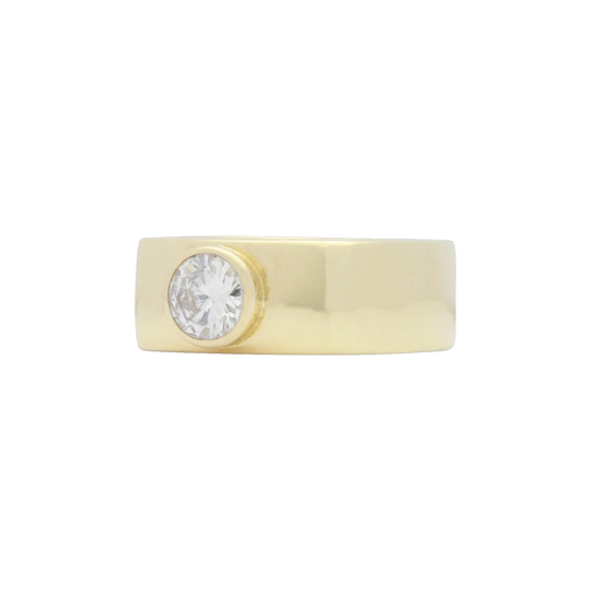 14K Yellow Gold Rounded Square Shank Ring with 0.50 Carat G/H VS Round Brilliant Diamond, Rub-Over Set