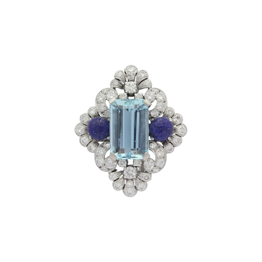 Handmade Silver Brooch Pin with 8.15ct Emerald-Cut Aquamarine, Lapis Lazuli Cabochons and 1.88ct Diamond Surround