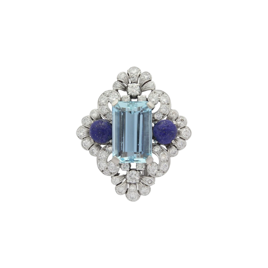 Handmade Silver Brooch Pin with 8.15ct Emerald-Cut Aquamarine, Lapis Lazuli Cabochons and 1.88ct Diamond Surround
