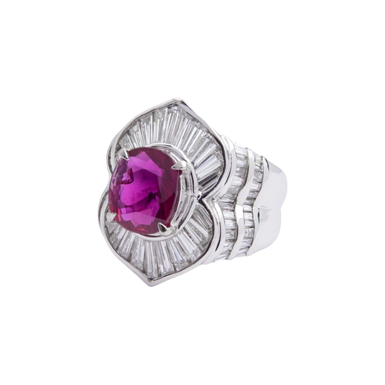 Platinum Pt900 Ring with GIA‑Certified 3.06 ct Thai Heated Oval Ruby and Tapered Baguette Diamonds (2.36 ct)