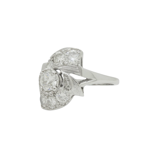 Late Art Deco 14kt White Gold Diamond Ring, 0.60 Carat Old Cut Centre, Asymmetric Swirl, Florentine Finish, 2.06 Carat Total