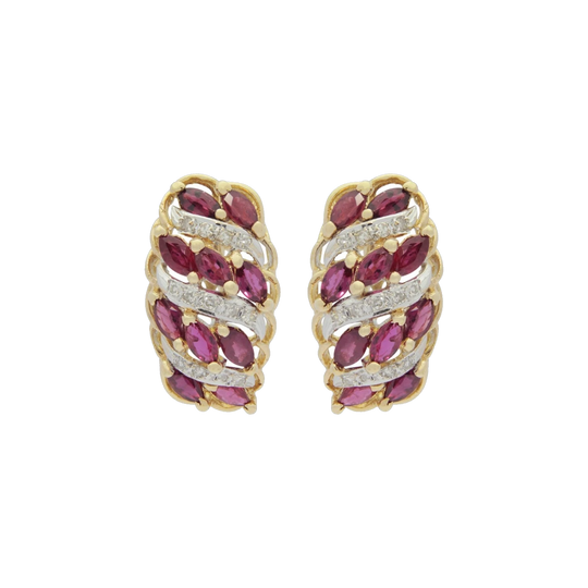 Mid-Century Two-Tone 14K Gold Ruby and Diamond Cocktail Screw-Back Earrings