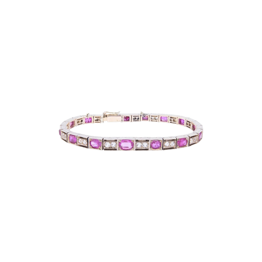 Art Deco Burmese Ruby and White Sapphire Bracelet in Sterling Silver and 9ct Rose Gold, 8.40ct Rubies
