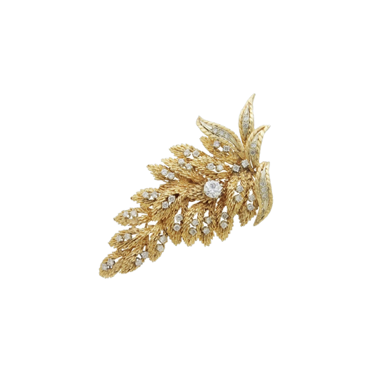 Textured 14 Karat Gold Diamond Fern Brooch, 2.20 Carat Total