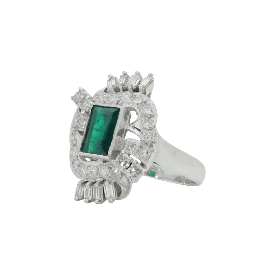 20th Century Retro Period Platinum Cocktail Ring with 1.25 ct Octagonal Emerald and G/H VS–SI Diamonds