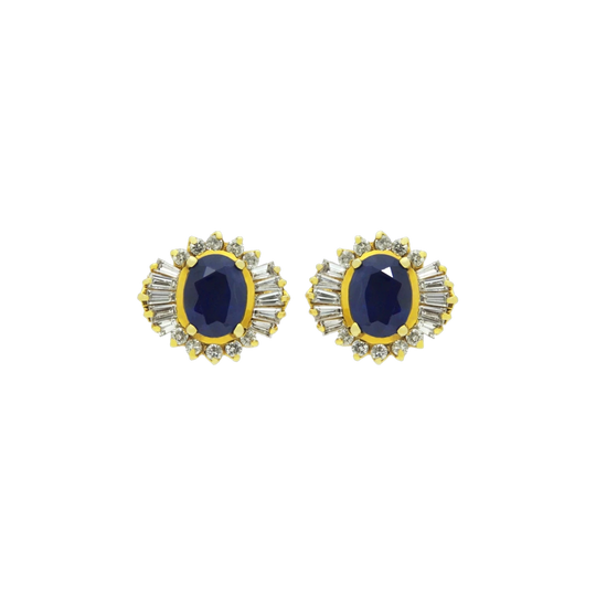 14K Yellow Gold Ceylon-Type Sapphire and Diamond Stud Earrings with Oval-Cut Sapphires and Baguette/Brilliant-Cut Diamonds