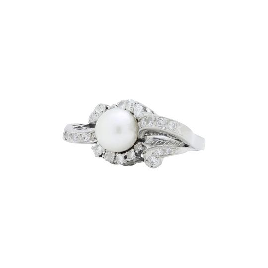 Retro Mid-20th Century 18kt White Gold Dress Ring with Cultured Akoya Pearl and Single-Cut Diamonds, Inscribed ‘Princesa Covadonga’ 1957
