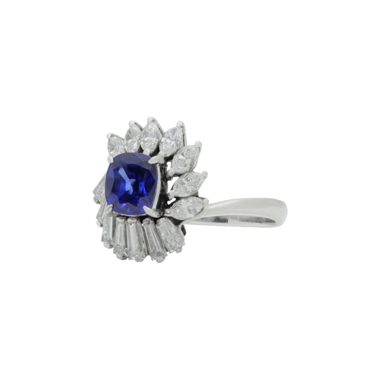 Platinum Handmade Ring with GIA-Certified 0.98 ct Cambodian Cushion-Cut Sapphire and 0.86 ct Diamond Halo