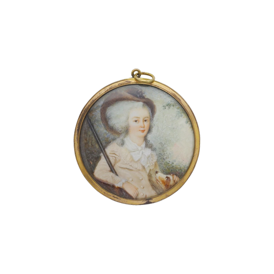Georgian Double-Sided Miniature Portrait Pendant in Gilt Metal, Hand-Painted on Ivory, c. 1780 with c. 1790 Sepia Mourning Reverse