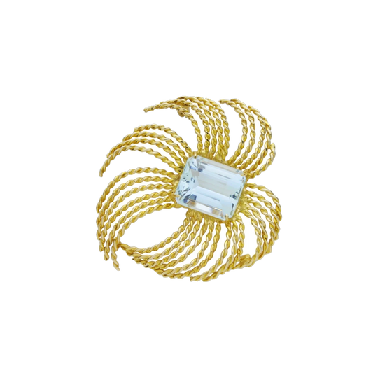 Retro Period 10K Yellow Gold Spiral Brooch with Octagonal-Cut Aquamarine, 9.20 ct