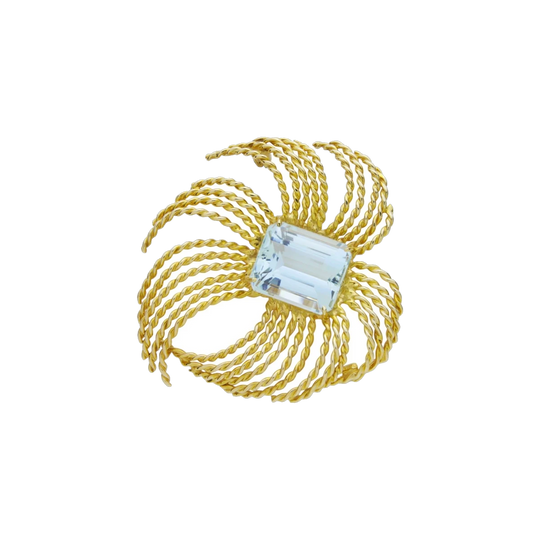 Retro Period 10K Yellow Gold Spiral Brooch with Octagonal-Cut Aquamarine, 9.20 ct