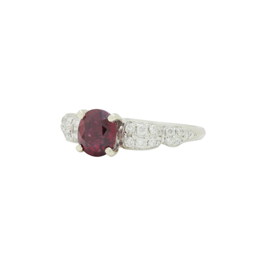 14K White Gold Ring with Burmese Ruby (1.50 ct) and Grain-Set Brilliant-Cut Diamonds (0.50 ct)