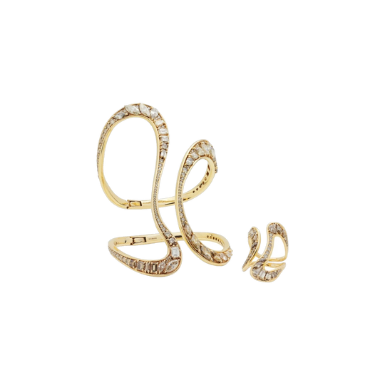 Fernando Jorge 'Stream' Suite: 18kt Rose Gold Hinged Cuff and Dress Ring with 19.26ct Cognac, Brown and Champagne Diamonds (2015–2016)