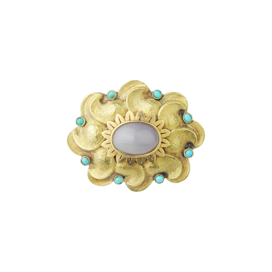 18kt Hammered Yellow Gold Brooch with Cabochon Agate and Turquoise