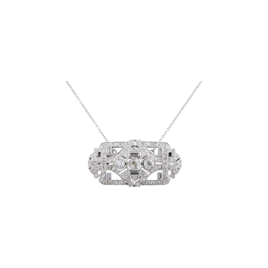 Art Deco Platinum Diamond Brooch Pendant on Detachable 18kt White Gold Chain, c.1930
